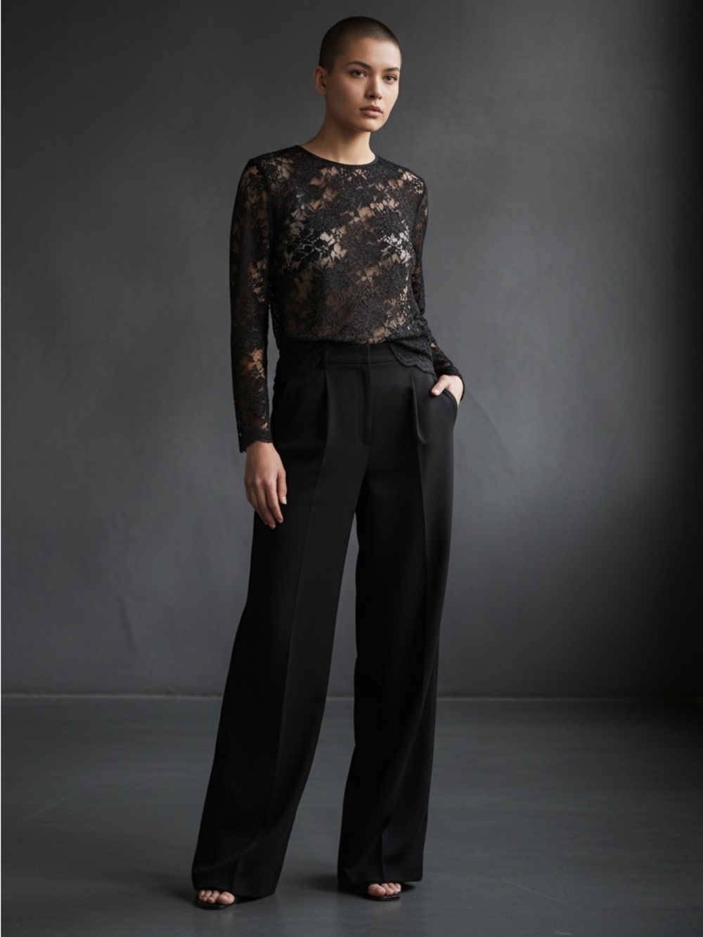 Tamotsu long-sleeve sheer  lace top, Medium. Black Sexy Elegant Classy Feminine
